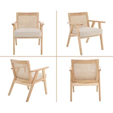ZHENGHAO Mid Century Modern Accent Chair Upholstered Lounge Armchair with Mesh Back Retro Wooden Rattan Chair for Living Bedroom Office Reception (Light Beige)