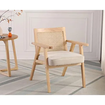ZHENGHAO Mid Century Modern Accent Chair Upholstered Lounge Armchair with Mesh Back Retro Wooden Rattan Chair for Living Bedroom Office Reception (Light Beige)