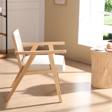 ZHENGHAO Mid Century Modern Accent Chair Upholstered Lounge Armchair with Mesh Back Retro Wooden Rattan Chair for Living Bedroom Office Reception (Light Beige)