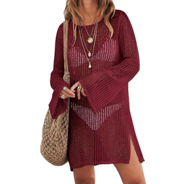 ANRABESS Women Swimsuit Swim Coverup 2024 Long Sleeve Mini Crochet Pool Bathing Suit Swimwear Mesh K...