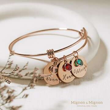 Personalized Birthstone Bracelet Custom Engraved Name Charm, Friendship Jewelry for Bridesmaid, Mom ...