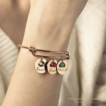 Personalized Birthstone Bracelet Custom Engraved Name Charm, Friendship Jewelry for Bridesmaid, Mom Valentines Gift, Best Gift for Grandma, Matching Bracelets for Women – ABR-LC-BS