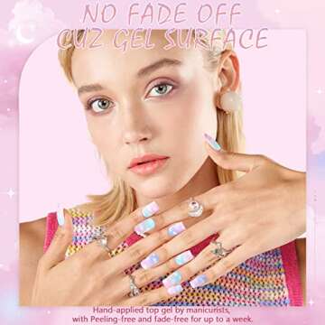 GLAMERMAID Blue Press on Nails Medium Square, Pink Blue Ombre Acrylic Fake Nails Short, Macaron Color Cloud Stick Glue on Nail Gel with Cute Painting Design, Reusable False Nail Kit for Women Gift Set