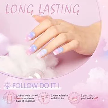 GLAMERMAID Blue Press on Nails Medium Square, Pink Blue Ombre Acrylic Fake Nails Short, Macaron Color Cloud Stick Glue on Nail Gel with Cute Painting Design, Reusable False Nail Kit for Women Gift Set