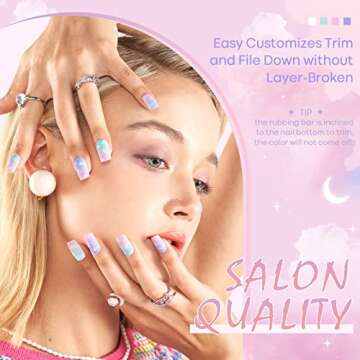 GLAMERMAID Blue Press on Nails Medium Square, Pink Blue Ombre Acrylic Fake Nails Short, Macaron Color Cloud Stick Glue on Nail Gel with Cute Painting Design, Reusable False Nail Kit for Women Gift Set