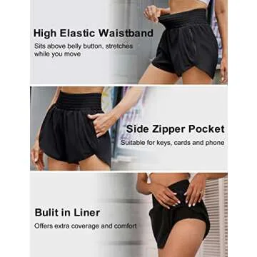 Blooming Jelly Womens Super High Waisted Running Shorts Quick Dry Elastic Waist Athletic Workout Exercise Summer Ladies Shorts with Zipper Pocket (Small, Black)