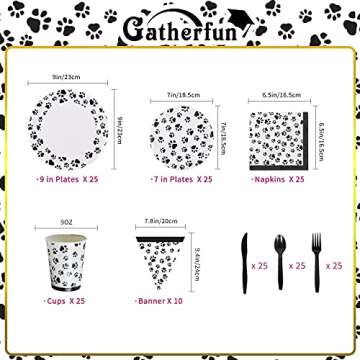 Gatherfun Dog Paw Prints Birthday Party Supplies Paper Plates Napkins Cups Knives Forks Spoons Tablecloth with Balloons and Banner for kids Birthday Party Puppy Themed Party Decorations, Serve 25