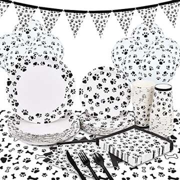 Gatherfun Dog Paw Prints Birthday Party Supplies Paper Plates Napkins Cups Knives Forks Spoons Tablecloth with Balloons and Banner for kids Birthday Party Puppy Themed Party Decorations, Serve 25