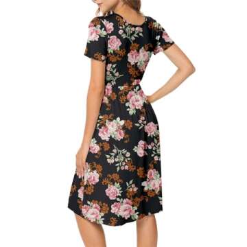DB MOON Women Summer Casual Short Sleeve Dresses Empire Waist Dress with Pockets(Flower Rose Black, ...