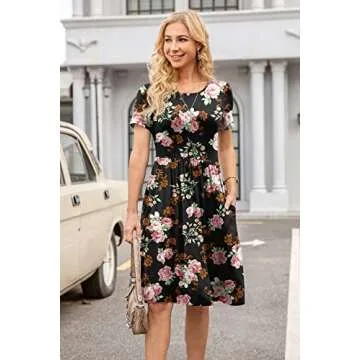 DB MOON Women Summer Casual Short Sleeve Dresses Empire Waist Dress with Pockets(Flower Rose Black, S)