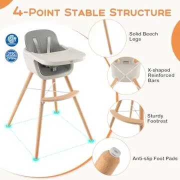 BABY JOY Convertible Baby High Chair, 3 in 1 Wooden Highchair/Booster/Chair with Removable Tray, Adjustable Legs, 5-Point Harness, PU Cushion and Footrest for Baby, Infants, Toddlers (Gray)