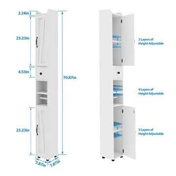 Bathroom Cabinet with Adjustable Shelf, Storage Cabinet for Small Space, Tall Cabinet with Retractab...