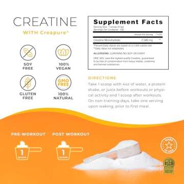 One Sol Creatine for Women Booty Gain, All Natural Women's Creatine Powder with Creapure, Increase Lean Muscle Mass, Reduce Recovery Time, Promotes Brain & Bone Health (Unflavored, 100 Servings)