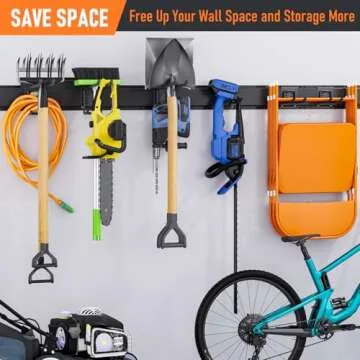 INCLY Wall Mount Tool Storage Rack, Heavy Duty Garage Storage Tool Organizer, Garden Tool Wall Hooks & Hangers with 6 Adjustable Hooks 48inch Tracks for Power Tools, Chairs, Shovel, Rake, Load 400lbs