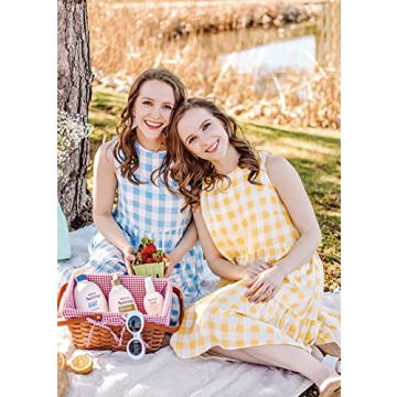 PRETTYGARDEN Women's Casual Plaid Sleeveless Ruffle Sundress Round Neck A-Line Pleated Mini Short T Shirt Dress with Pockets (Blue,Large)