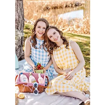 PRETTYGARDEN Women's Casual Plaid Sleeveless Ruffle Sundress Round Neck A-Line Pleated Mini Short T Shirt Dress with Pockets (Blue,Large)