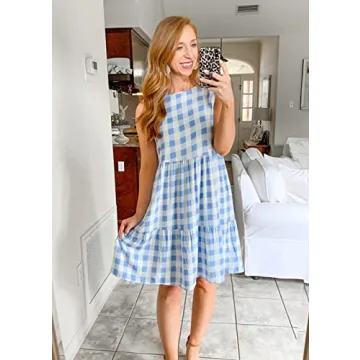 PRETTYGARDEN Women's Casual Plaid Sleeveless Ruffle Sundress Round Neck A-Line Pleated Mini Short T Shirt Dress with Pockets (Blue,Large)