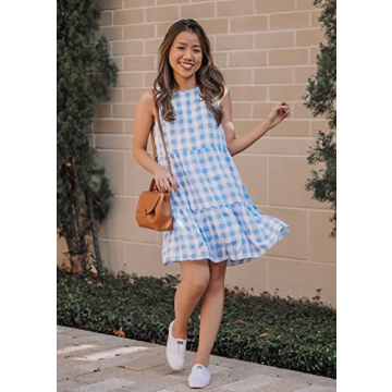 PRETTYGARDEN Women's Casual Plaid Sleeveless Ruffle Sundress Round Neck A-Line Pleated Mini Short T Shirt Dress with Pockets (Blue,Large)