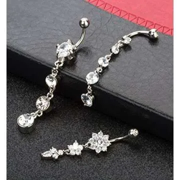 YOVORO 3PCS 14G 316L Stainless Steel Belly Button Rings for Women Navel Rings Barbell Dangle Flower CZ Body Piercing S