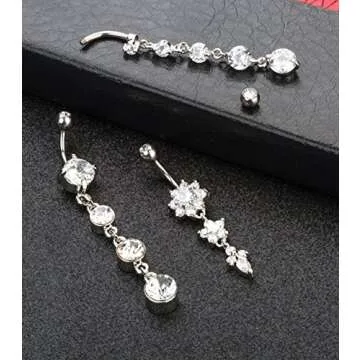 YOVORO 3PCS 14G 316L Stainless Steel Belly Button Rings for Women Navel Rings Barbell Dangle Flower CZ Body Piercing S