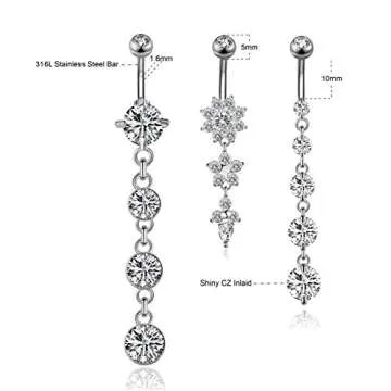 YOVORO 3PCS 14G 316L Stainless Steel Belly Button Rings for Women Navel Rings Barbell Dangle Flower CZ Body Piercing S