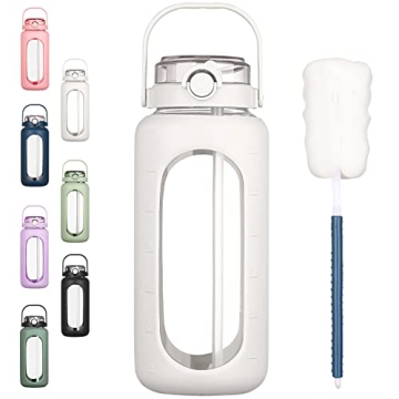 BLUEGO 64oz Glass Water Bottle with Straw & Time Markers