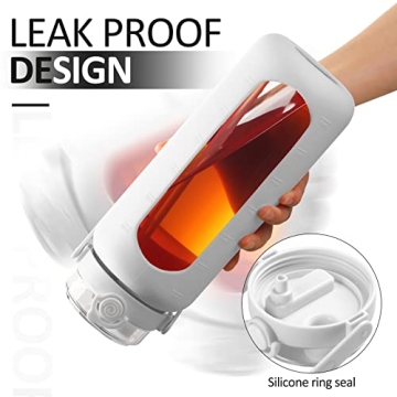 BLUEGO 64oz Glass Water Bottle with Straw & Time Markers