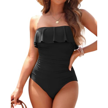 Holipick Black Strapless One Piece Swimsuits for Women Tummy Control Bandeau Bathing Suits Ruffle Sl...