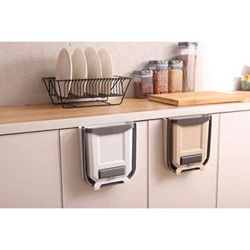 YCOCO Hanging Kitchen Trash Can,2.4 Gallon Collapsible Waste Bin,Small Plastic Folding Hang Garbage Can for Cabinet Car Bedroom Bathroom Kitchen Office,White