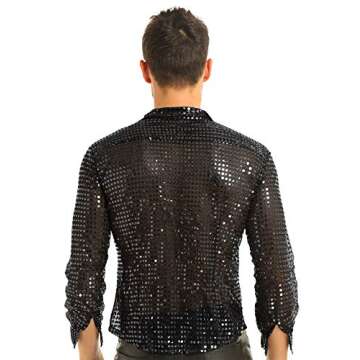 YiZYiF Men's 1920s Style Shiny Glitter Metallic Disco Party Tank Top Vest Clubwear Dancewear Costume Long Sleeve Black Large