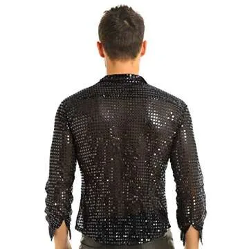 YiZYiF Men's 1920s Style Shiny Glitter Metallic Disco Party Tank Top Vest Clubwear Dancewear Costume Long Sleeve Black Large