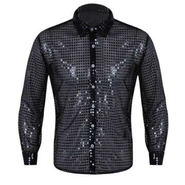 YiZYiF Men's 1920s Style Shiny Glitter Metallic Disco Party Tank Top Vest Clubwear Dancewear Costume Long Sleeve Black Large