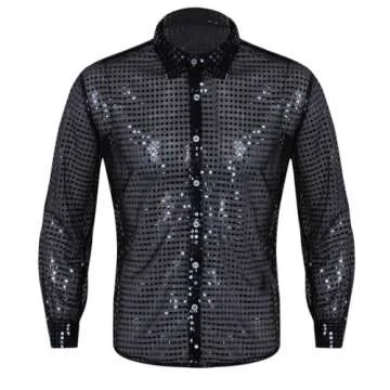 YiZYiF Men's 1920s Style Shiny Glitter Metallic Disco Party Tank Top Vest Clubwear Dancewear Costume Long Sleeve Black Large