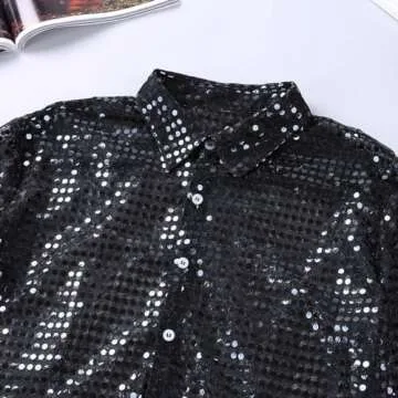 YiZYiF Men's 1920s Style Shiny Glitter Metallic Disco Party Tank Top Vest Clubwear Dancewear Costume Long Sleeve Black Large