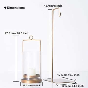 Retrome Hanging Metal Hurricane Lantern with Glass Candle Holder and Stand Hook - Antique Brass