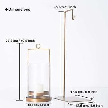 Retrome Hanging Metal Hurricane Lantern with Glass Candle Holder and Stand Hook - Antique Brass