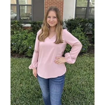 STYLEWORD Blouses for Women Dressy Casual Fall Long Sleeve Tops V Neck Work Shirts Business Casual Outfits(Light Pink,L)