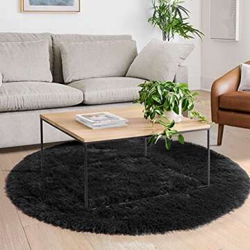 Black Round Rug 4Ft for Bedroom, Fluffy Circle Area Rugs for Living Room Decor Aesthetic, Shaggy Furry Circular Floor Carpet for Office Playroom Nursery Classroom, Modern Baby Kids Teen Boys Mens Rug
