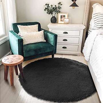 Black Round Rug 4Ft for Bedroom, Fluffy Circle Area Rugs for Living Room Decor Aesthetic, Shaggy Furry Circular Floor Carpet for Office Playroom Nursery Classroom, Modern Baby Kids Teen Boys Mens Rug