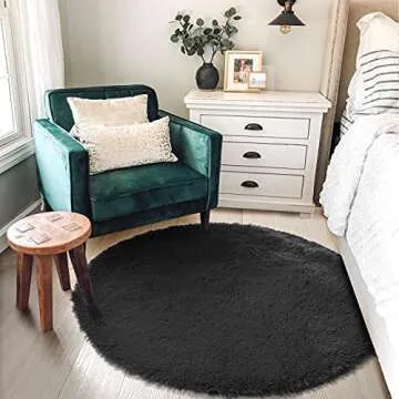 Black Round Rug 4Ft for Bedroom, Fluffy Circle Area Rugs for Living Room Decor Aesthetic, Shaggy Furry Circular Floor Carpet for Office Playroom Nursery Classroom, Modern Baby Kids Teen Boys Mens Rug