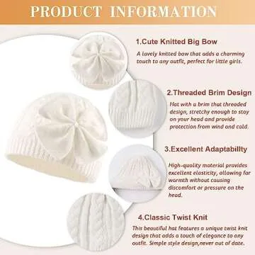 Winter Warm Knitted Baby Hat for Girls Cotton Lined Infant Toddler Girls Hat Autumn Cute Bow Classic Girls Beanie 0-6Y(M,White)