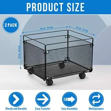 Harloon 2 Pack Mesh Rolling File Carts with Wheels Hanging Files Metal File Crate Organizer Black Ro...