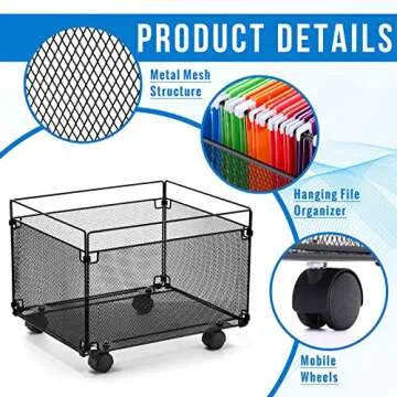 Harloon 2 Pack Mesh Rolling File Carts with Wheels Hanging Files Metal File Crate Organizer Black Rolling Organizer Foldable Storage Cart Box for Folders Office Supplies, Black, 15" x 13" x 10"