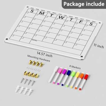 Neatsure Wall Calendar (Not Magnetic), Clear Acrylic Monthly Planner White Board Dry Erase Whiteboard, w/ 8 Colors Markers, 15"x11"