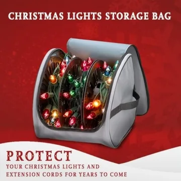 Premium Christmas Light Storage Bag – Heavy Duty Tear Proof 600D/Inside PVC Material with Reinforced Handles - With 3 Reels Stores up to 375 Ft of Mini Christmas Tree Lights & Extension Cords - Gray