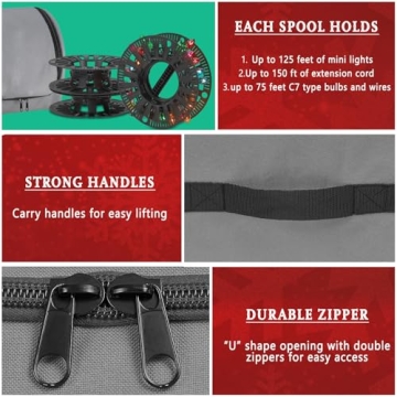 Premium Christmas Light Storage Bag – Heavy Duty Tear Proof 600D/Inside PVC Material with Reinforced Handles - With 3 Reels Stores up to 375 Ft of Mini Christmas Tree Lights & Extension Cords - Gray