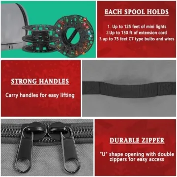 Premium Christmas Light Storage Bag – Heavy Duty Tear Proof 600D/Inside PVC Material with Reinforced Handles - With 3 Reels Stores up to 375 Ft of Mini Christmas Tree Lights & Extension Cords - Gray