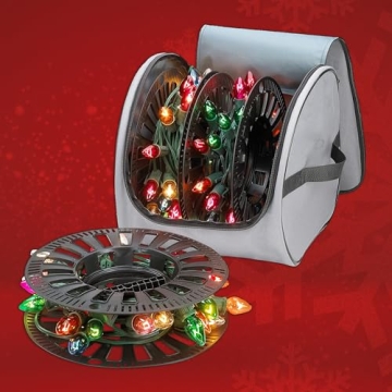 Premium Christmas Light Storage Bag – Heavy Duty Tear Proof 600D/Inside PVC Material with Reinforced Handles - With 3 Reels Stores up to 375 Ft of Mini Christmas Tree Lights & Extension Cords - Gray