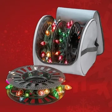 Premium Christmas Light Storage Bag – Heavy Duty Tear Proof 600D/Inside PVC Material with Reinforced Handles - With 3 Reels Stores up to 375 Ft of Mini Christmas Tree Lights & Extension Cords - Gray