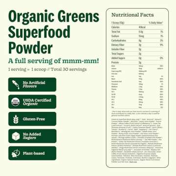 Suja Organic Greens Powder Probiotic Blend, Spirulina, Daily Superfood Drink or Smoothie Mix for Immune Support, Digestion, & Energy, Vegan, Gluten Free, Non GMO, 30 Servings